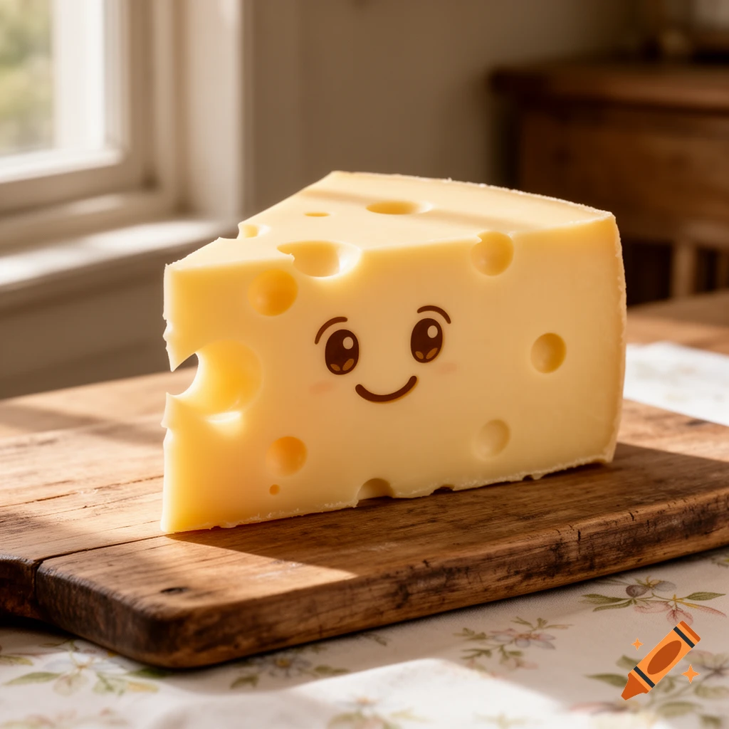 A photorealistic wedge of Swiss cheese with a cute, smiling cartoon face on a wooden cutting board in sunlight.