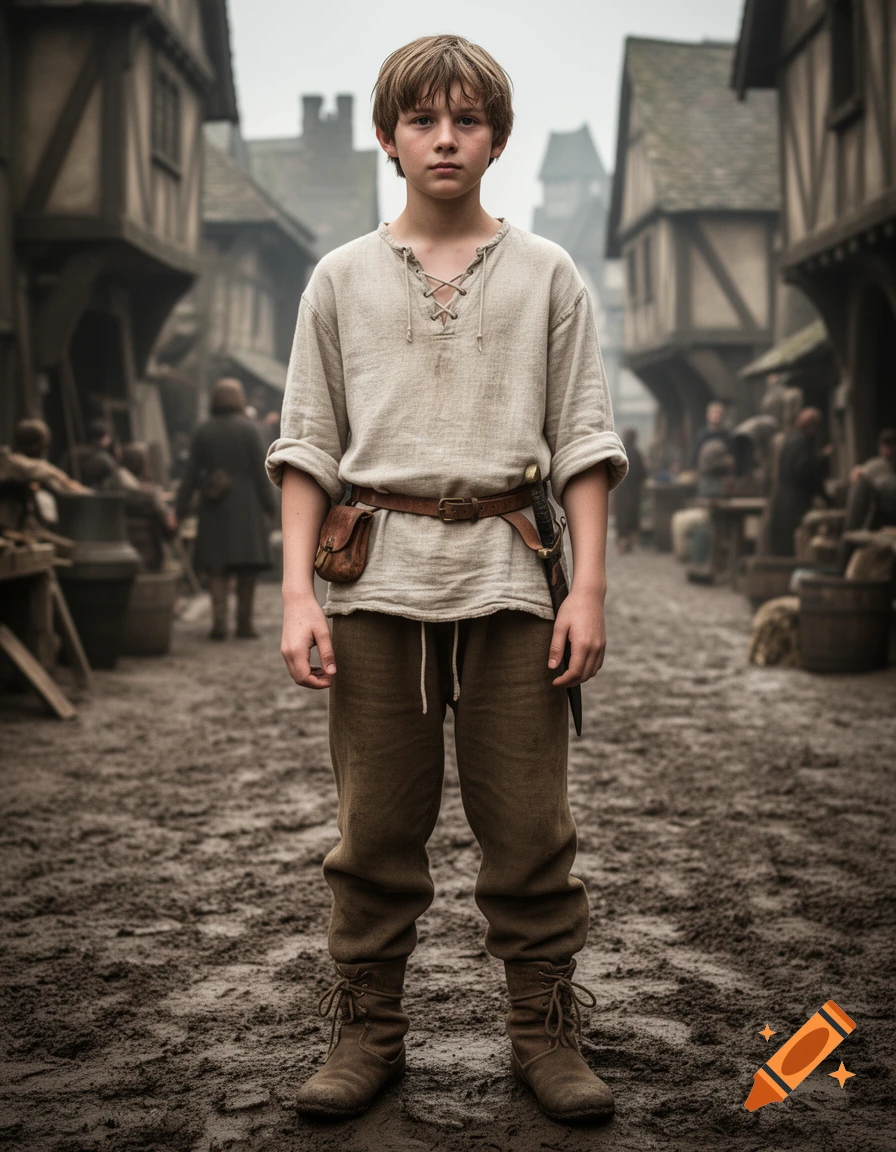 A young medieval peasant boy with a serious expression stands in a muddy village street, wearing a linen shirt, brown trousers, and leather boots, with a pouch and dagger on his belt.