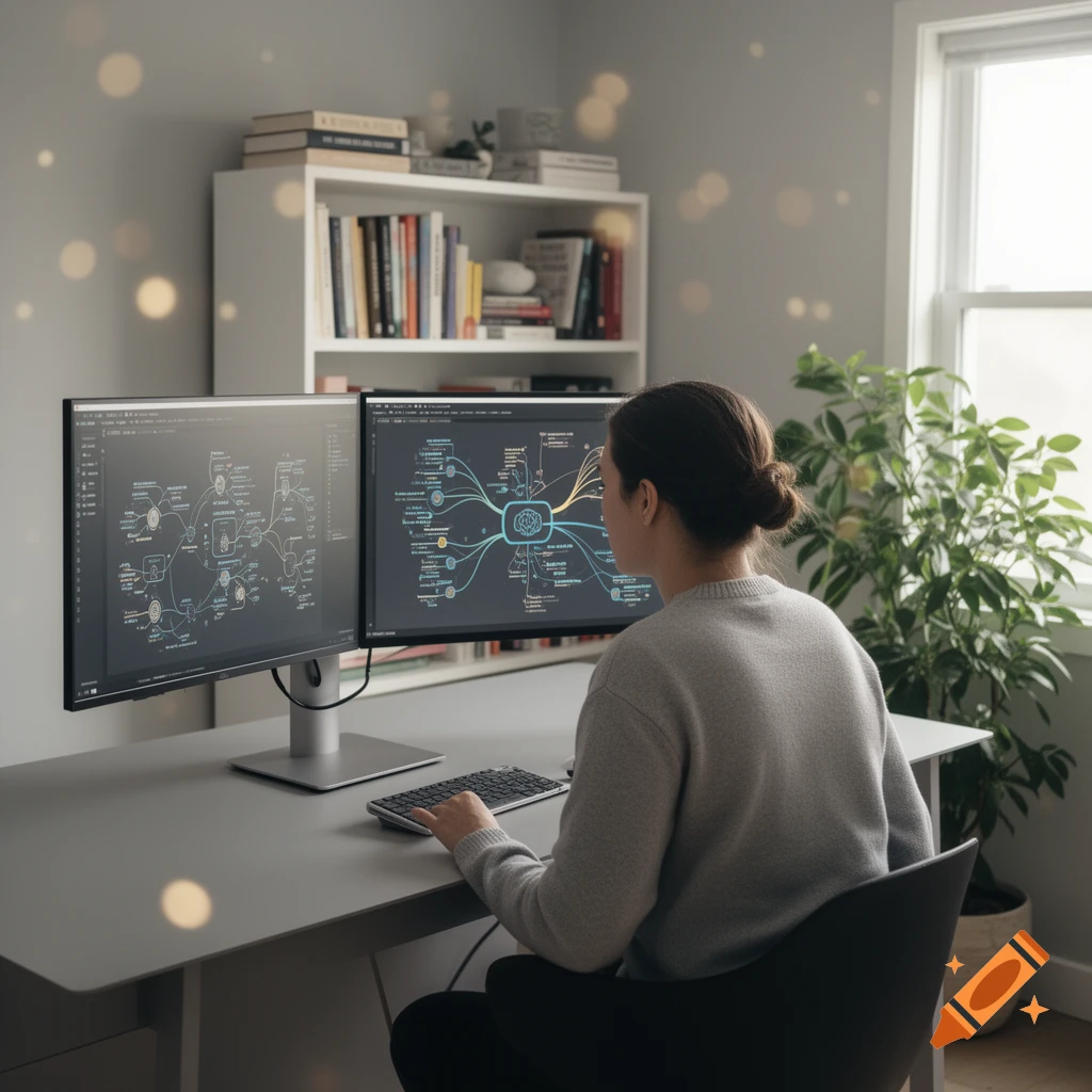 A woman works at a desk with dual computer monitors displaying diagrams, in a well-lit home office.