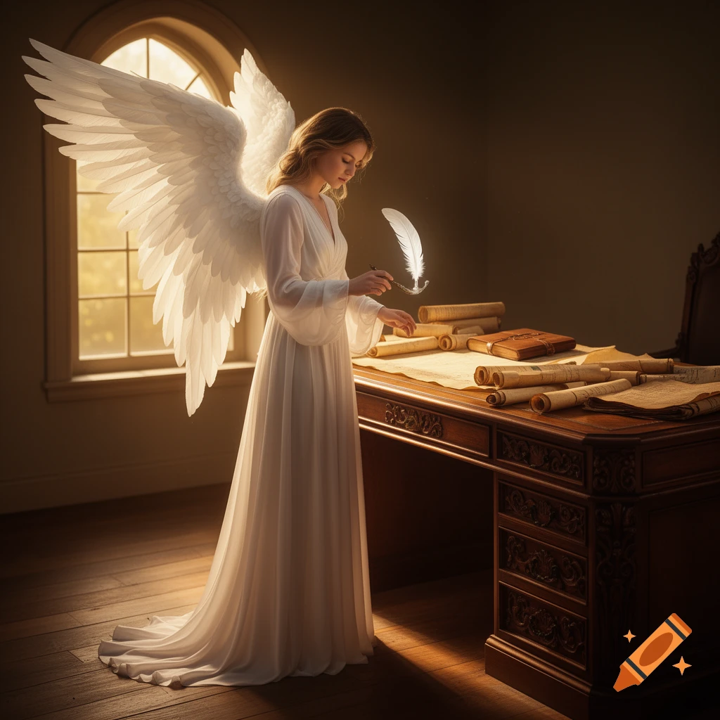 A graceful angel with large white wings and a long white gown stands at a wooden desk with scrolls, holding a glowing quill in warm light.