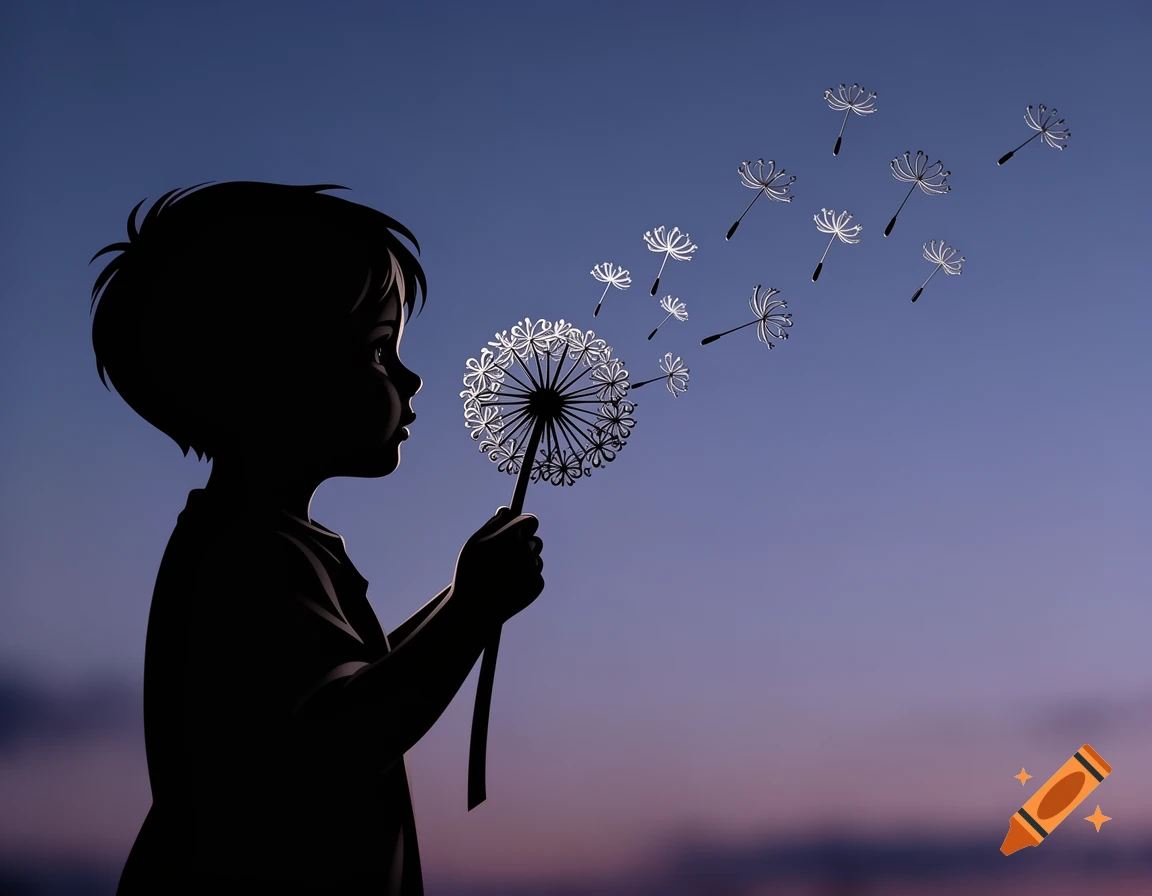 Silhouette of a young child blowing a dandelion against a twilight sky, with seeds floating away.