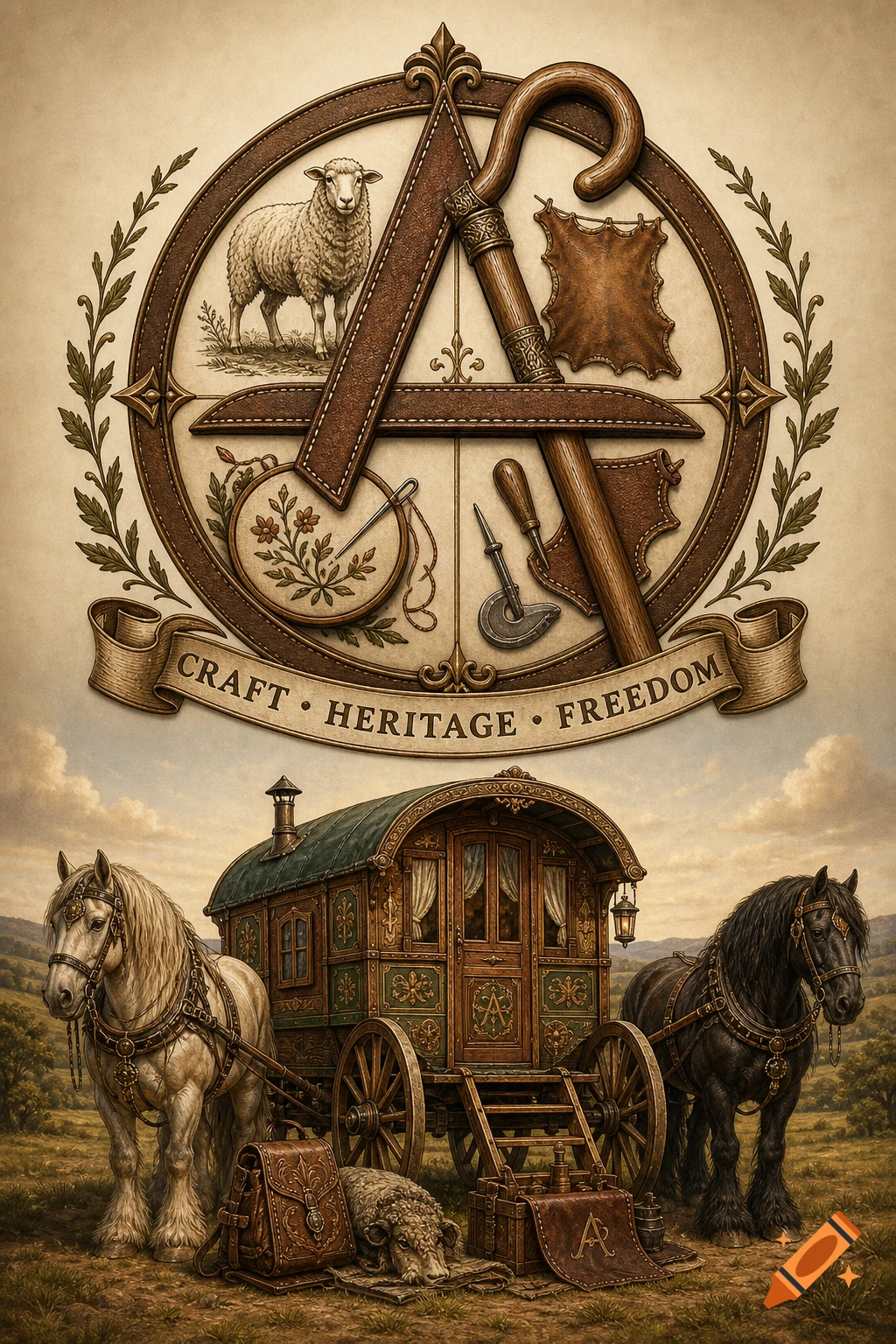 An ornate vintage-style logo featuring a sheep, crafts, and a shepherd's crook, above a horse-drawn caravan in a rustic landscape.