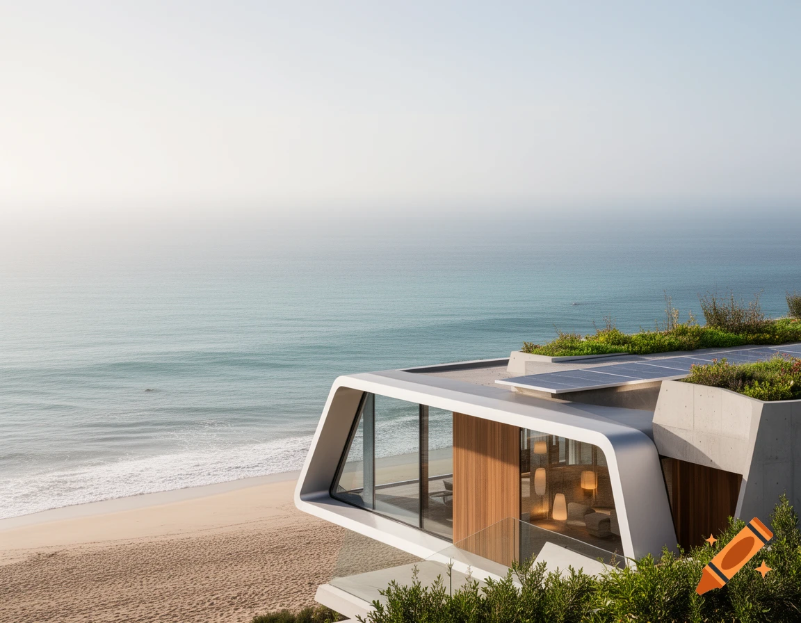 Modern sustainable house with solar panels and green roof on a sandy beach by the ocean.