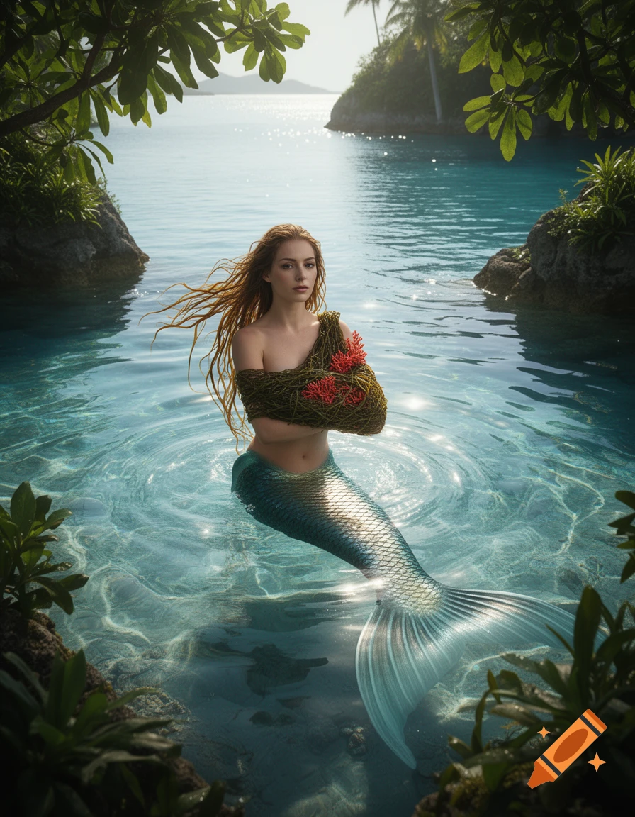 A majestic mermaid with flowing red hair and a shimmering tail, partially covered by green seaweed and red coral, emerges from clear blue water in a tropical lagoon.