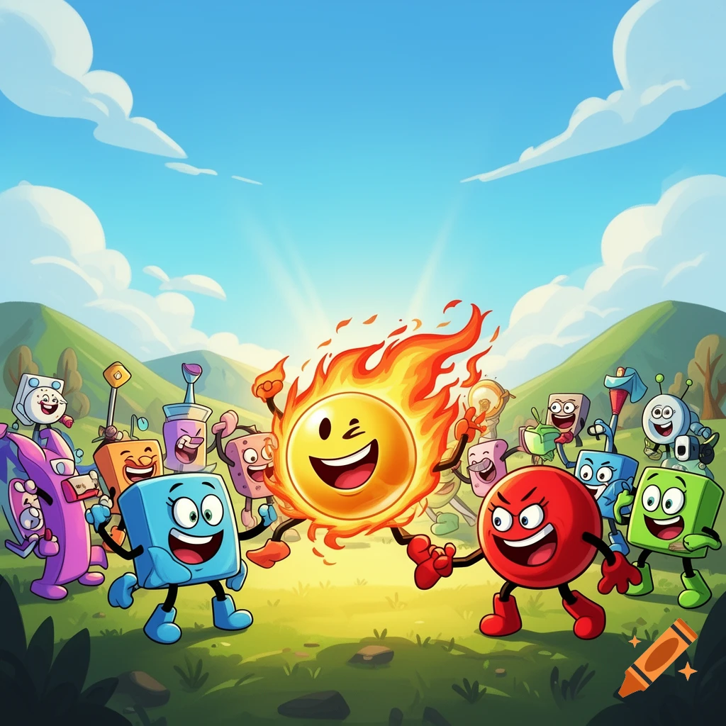 A group of diverse, expressive cartoon characters, including a flaming sun and an angry red circle, gather in a vibrant green field under a blue sky.