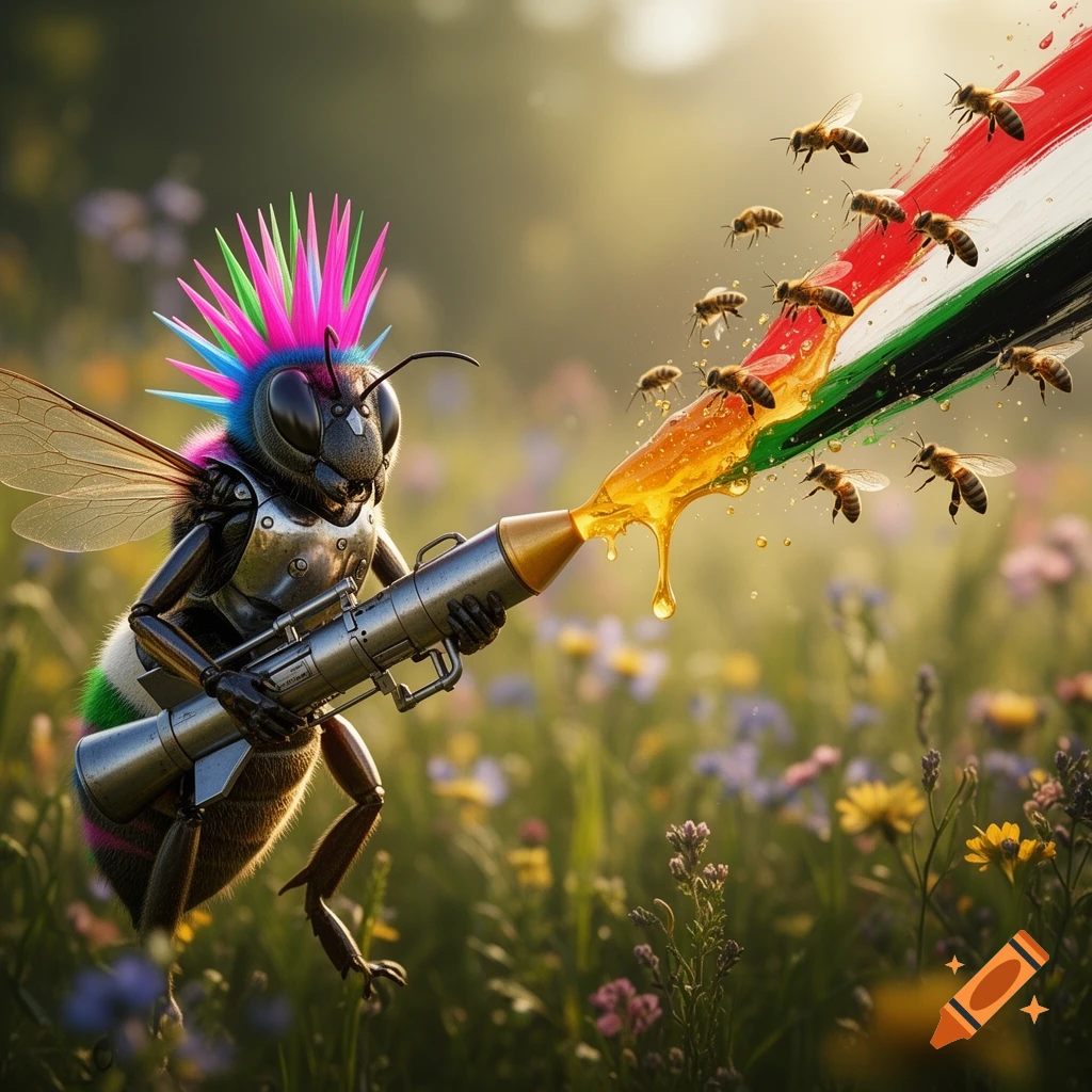 A punk queen bee wearing colorful spikes and armor holds a rocket launcher, firing a stream of honey and bees in the colors of the Palestinian flag into a wildflower field.