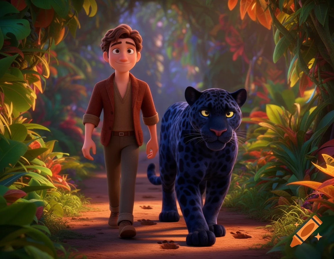 A smiling animated man walks through a lush jungle with a black jaguar beside him, Pixar style.