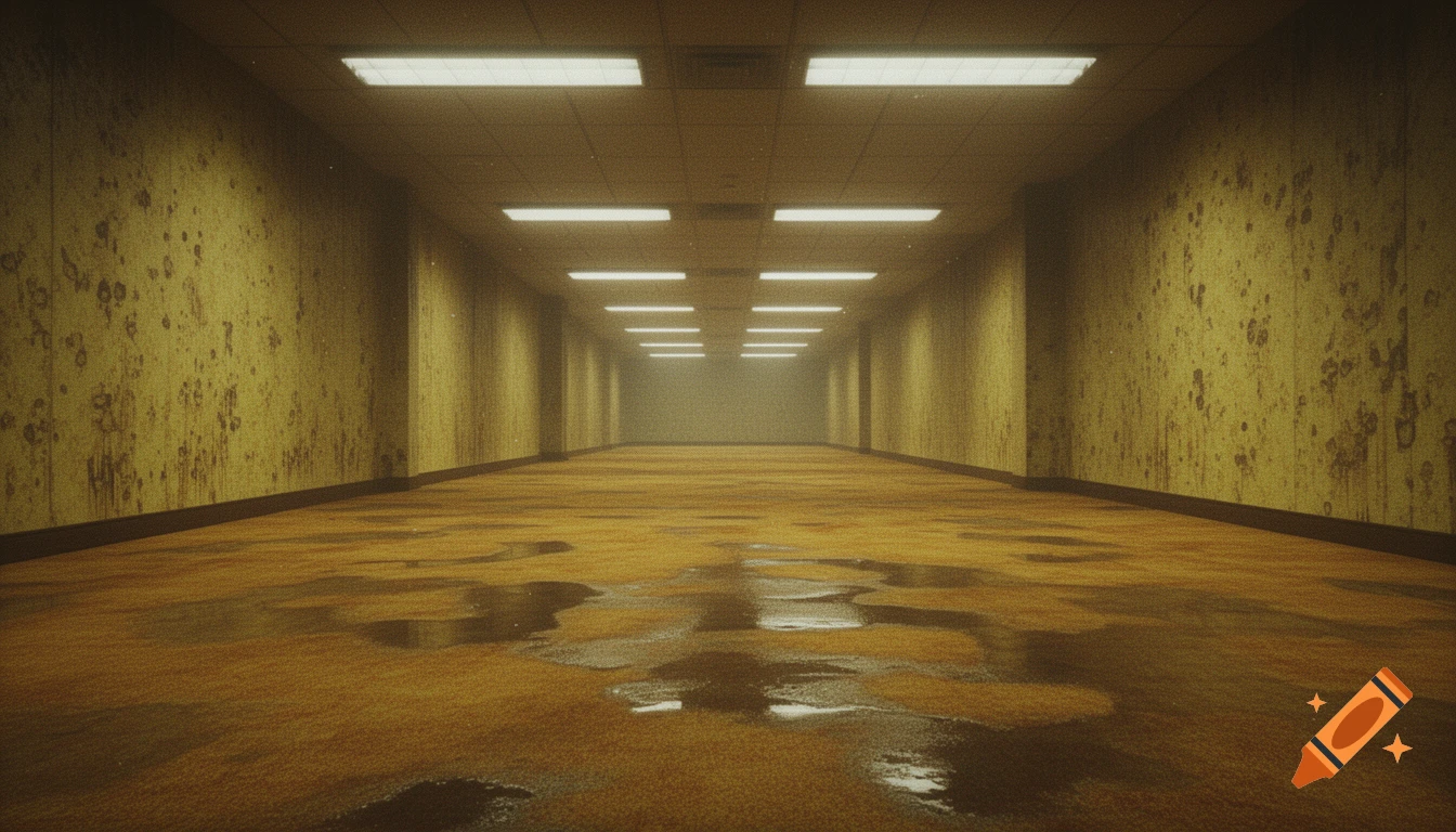 Long, dim corridor with stained yellow wallpaper and wet, dirty yellow carpet under flickering fluorescent lights, in a grainy, 90s VHS style.