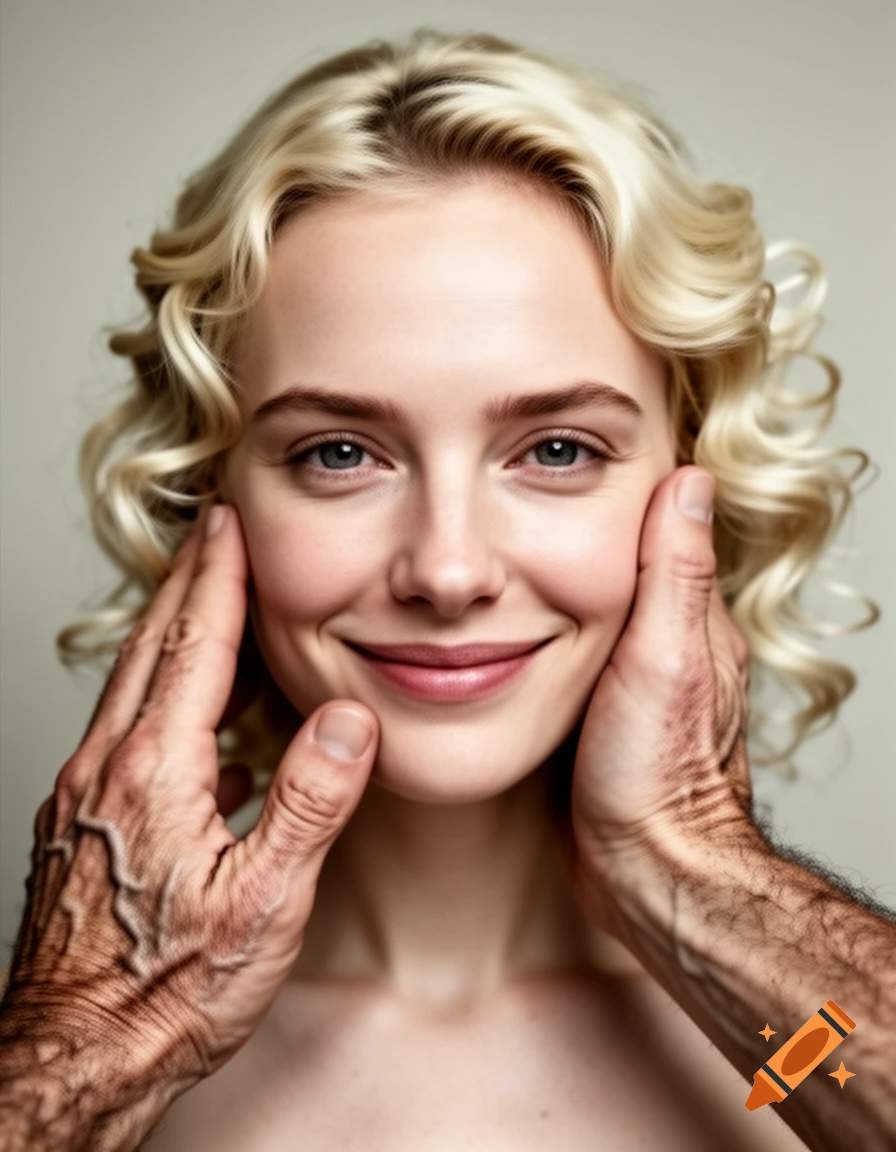 A smiling blonde woman looks at the viewer as two large, heavily veined hands cup her face from either side.