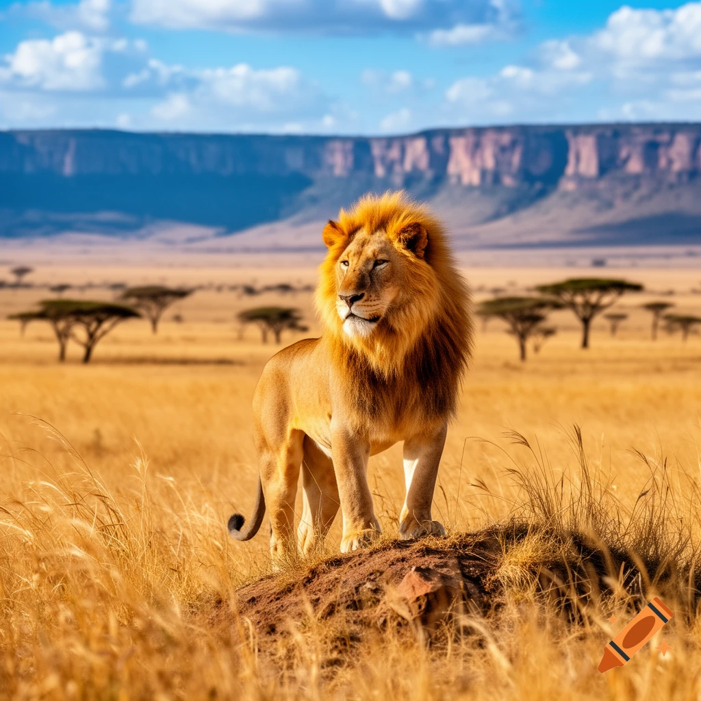 A majestic male lion stands on a small rise in a vast golden savanna, with acacia trees and distant mountains under a blue sky.