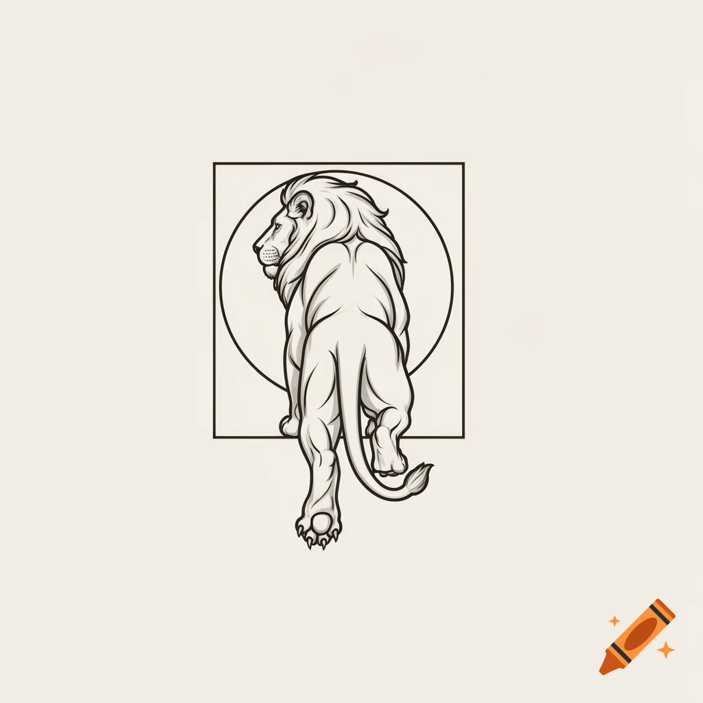 Stylized line art of a lion viewed from behind, head turned, framed by a square and circle.