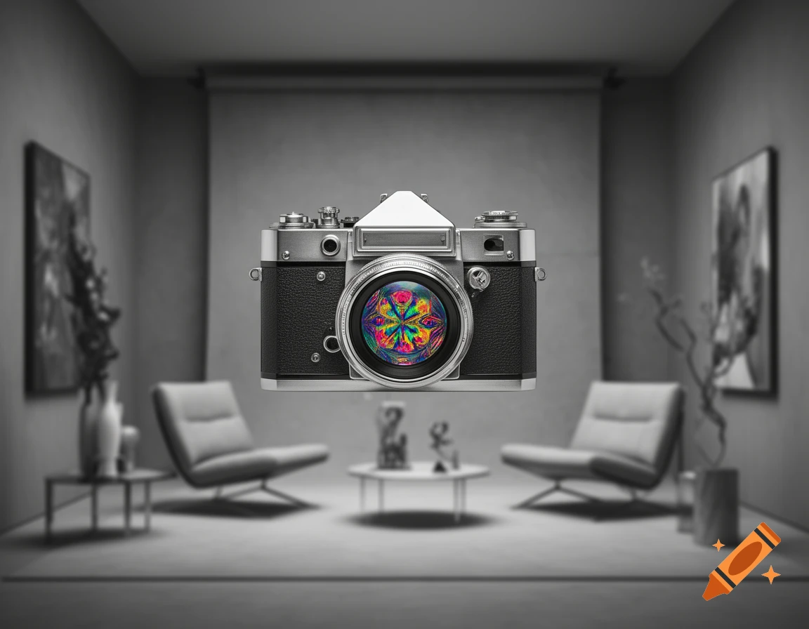 A vintage-style camera with a vibrant, kaleidoscopic pattern in its lens, floating in a monochrome, blurred room.