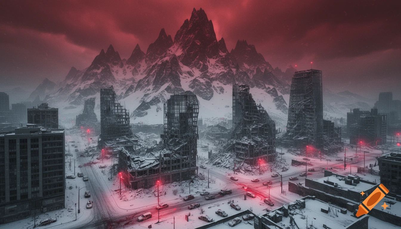 A dark, photorealistic image of a ruined, snow-covered city under a dramatic red sky, with jagged snowy mountains in the distance.