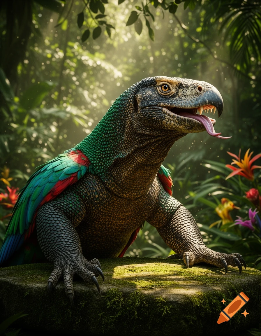 A photorealistic Komodo dragon with parrot wings and a beak-like mouth perches on a mossy rock in a lush, sunlit jungle.