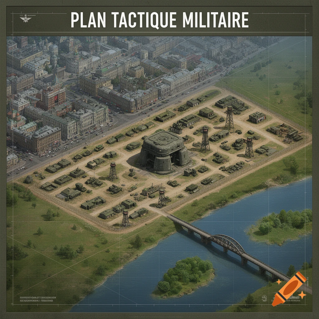 An isometric tactical map showing a city, military base with a bunker and vehicles, a river, and a bridge.