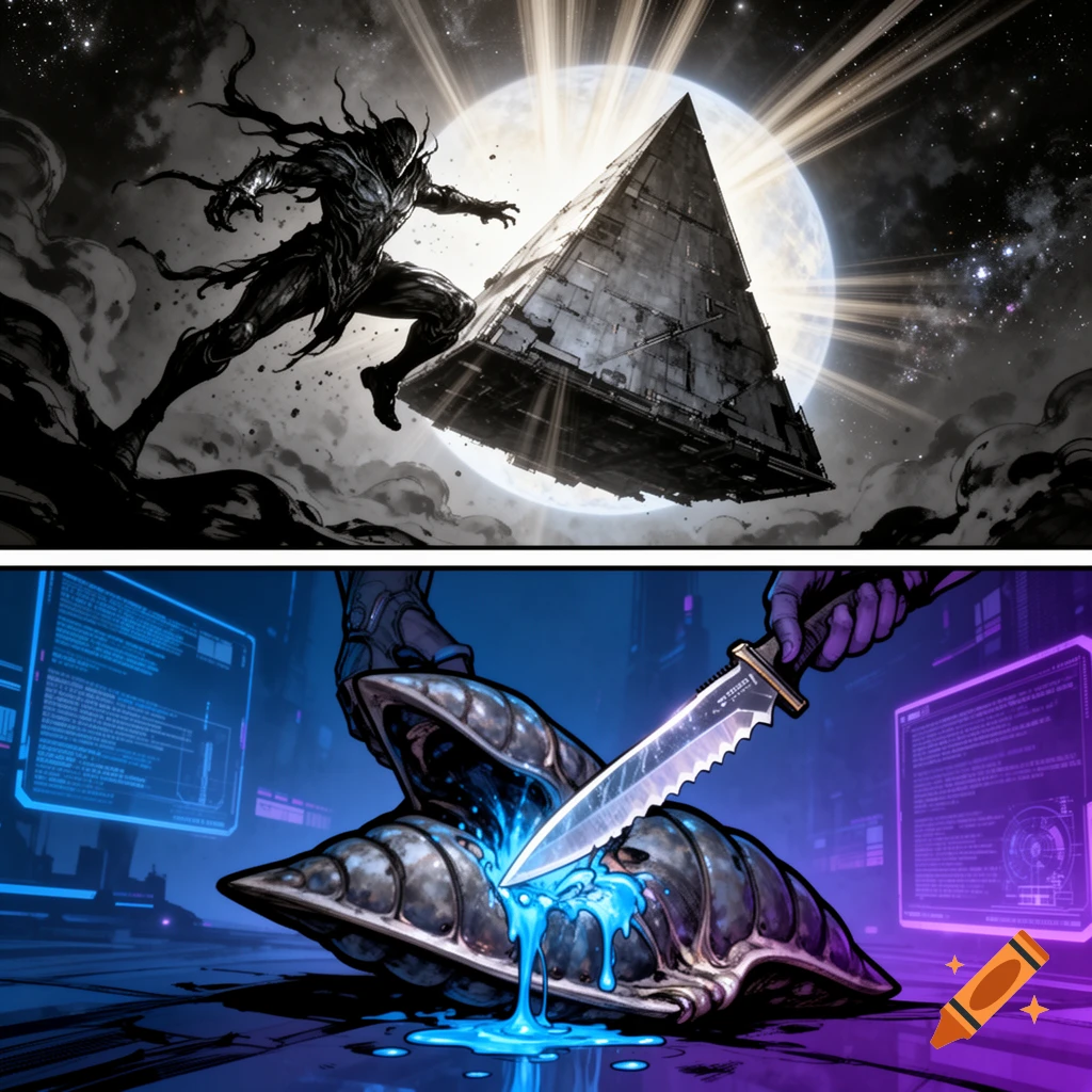 Two comic panels. Top panel: A dark, shadowy figure with tendrils leaps against a full moon and a large, dark pyramid spaceship. Bottom panel: A hand stabs a glowing blue knife into a metallic shell, oozing blue fluid, with futuristic screens in the background.