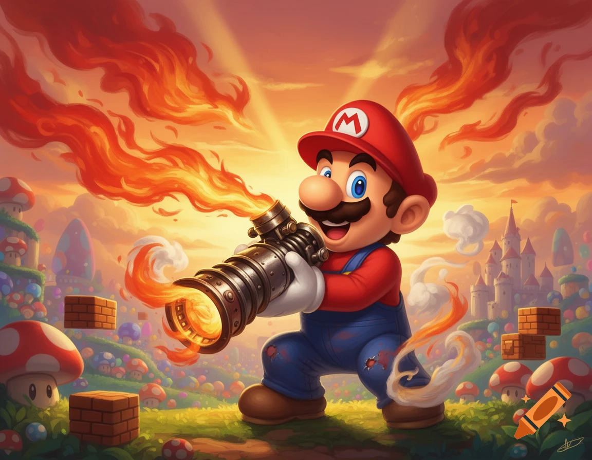 Mario, wearing his red hat and overalls, crouches and wields a flamethrower in a colorful fantasy landscape with a castle and mushrooms.