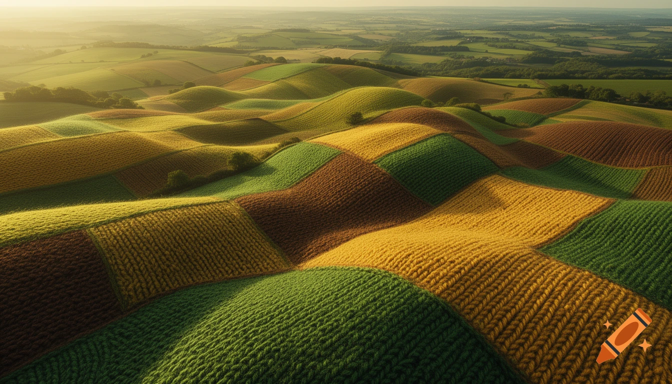 An aerial view of rolling hills with fields that resemble a patchwork quilt of knitted wool in green, yellow, and brown under a bright sky.