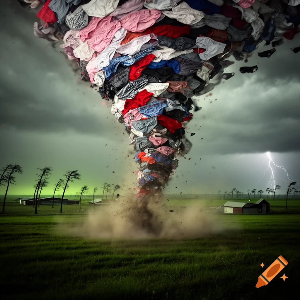 A surreal tornado made of colorful underpants rips through a stormy, green field with barns and lightning.