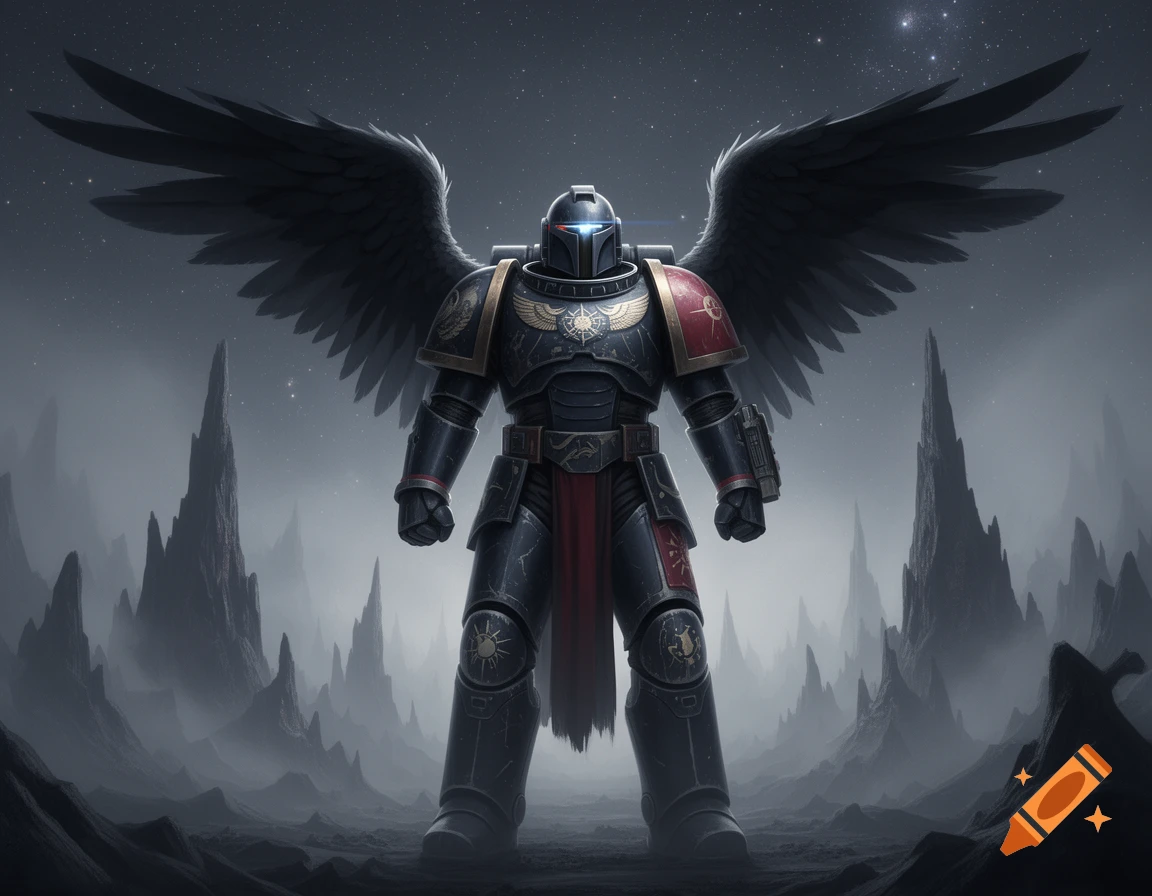 A majestic winged warrior in dark, futuristic armor stands in a desolate, misty alien landscape under a starry sky.