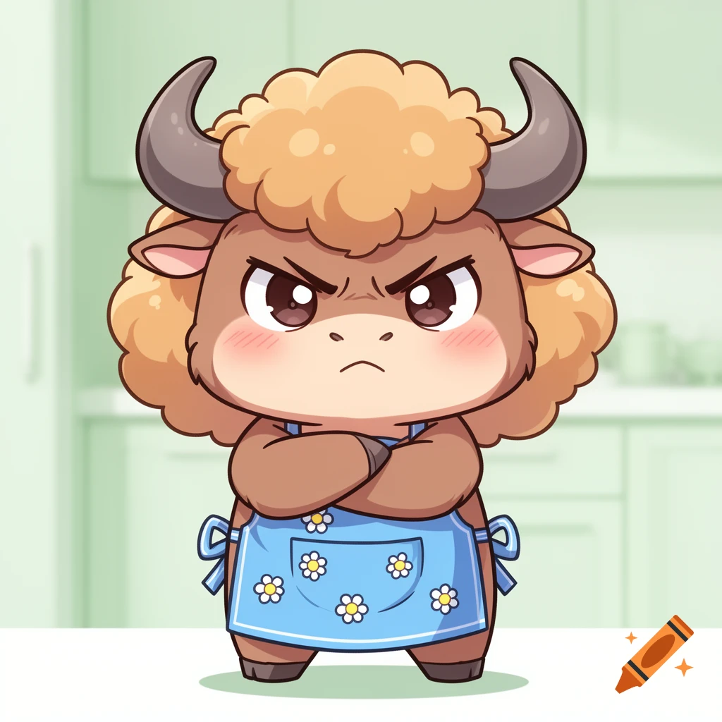 A cute, angry chibi buffalo with arms crossed, wearing a blue apron with white flowers, in a cartoon style.