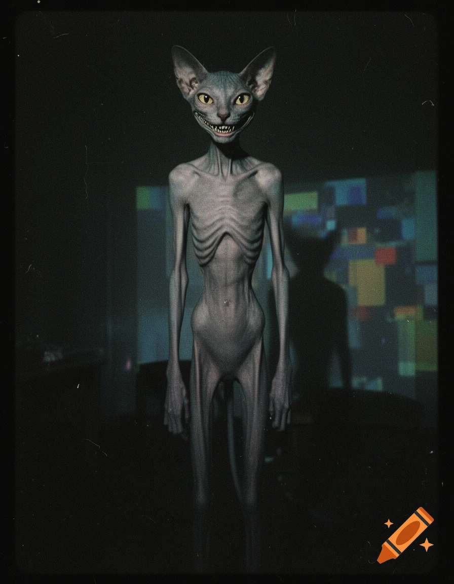 A tall, emaciated grey cat-like creature with a wide, toothy grin and yellow eyes stands in a dark, grainy room with a colorful projection.