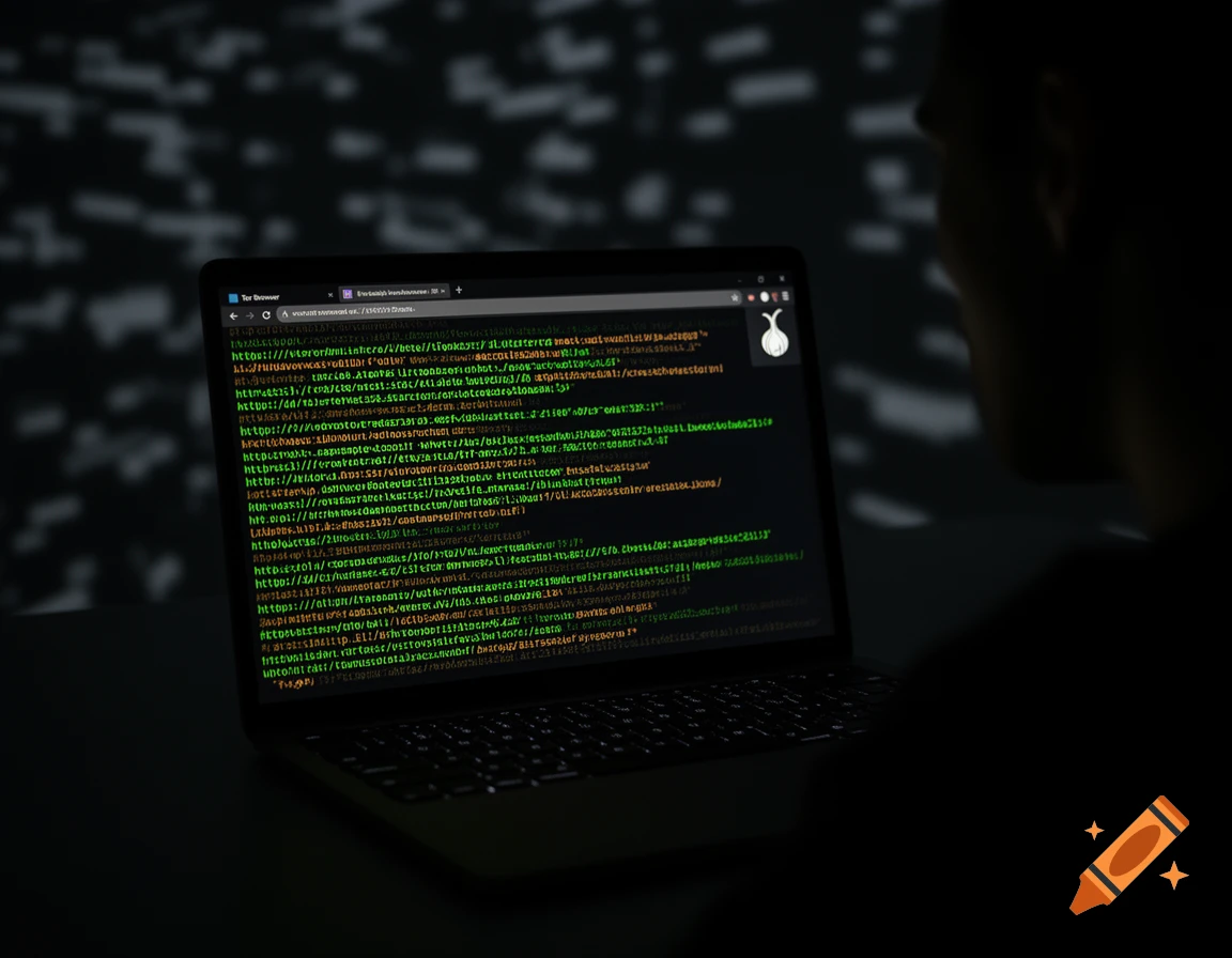 Person in a dark room using a laptop displaying green code and a 'Tor Browser' interface, with binary-like patterns projected on the wall.