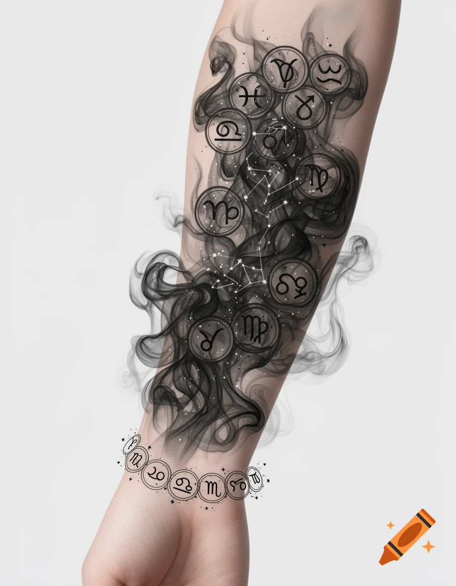 A stylized black and grey tattoo on a forearm, featuring zodiac symbols, constellations, and smoke with a matching wrist bracelet.