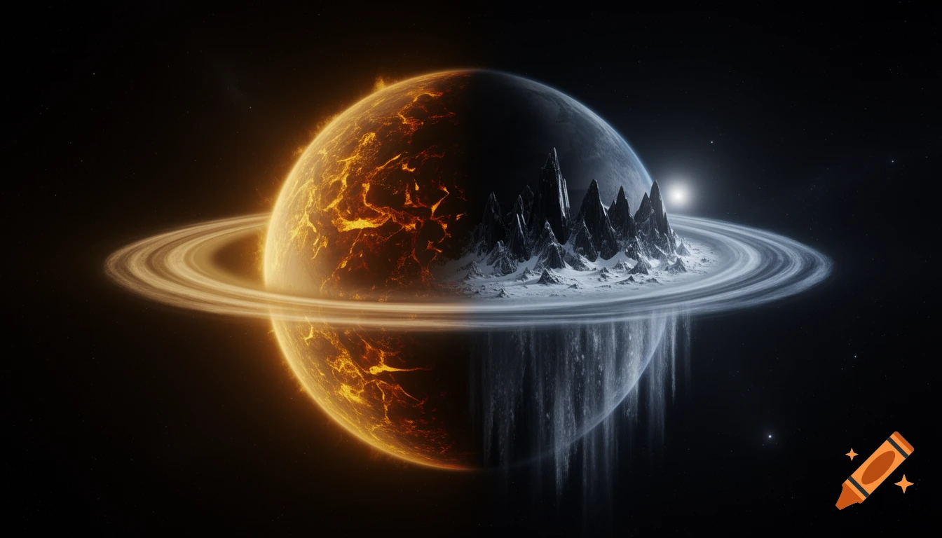 A tidally locked exoplanet with a glowing molten half and a dark, frozen half with ice mountains, surrounded by rings in deep space.