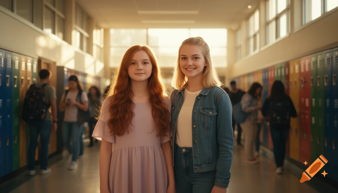 Two smiling girls, one with long red hair and one with blonde hair, stand in a bright school hallway lined with colorful lockers.
