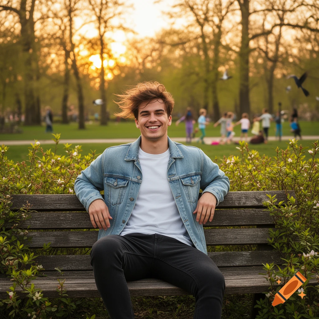 Smiling young man with windswept hair sitting on a park bench at sunset, with blurred people and trees in the background.