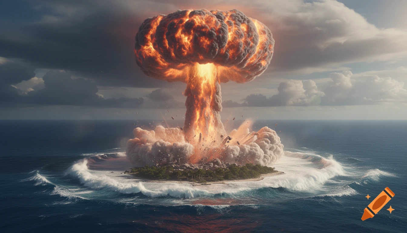 Photorealistic image of a massive nuclear mushroom cloud rising from an island explosion in the ocean.