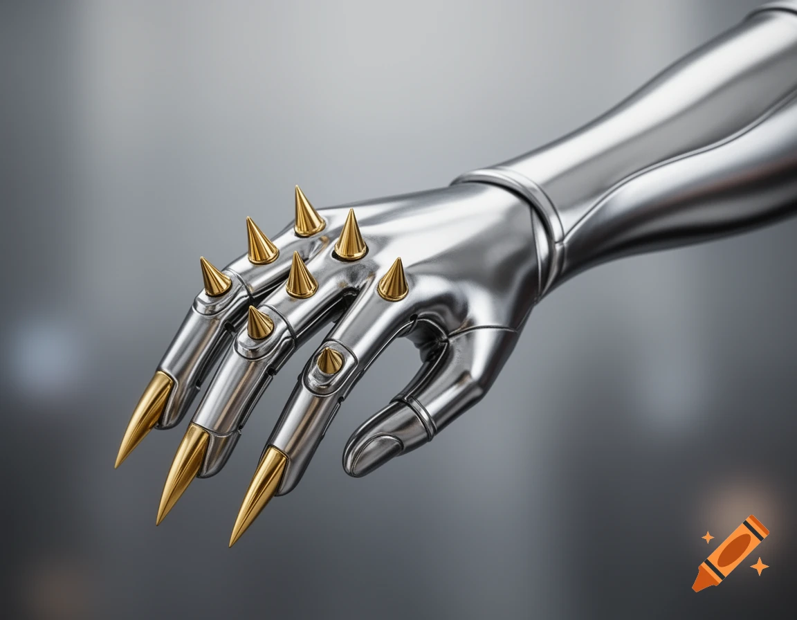 A close-up of a futuristic silver metallic gauntlet with golden spikes on the knuckles and golden claws on the fingertips.