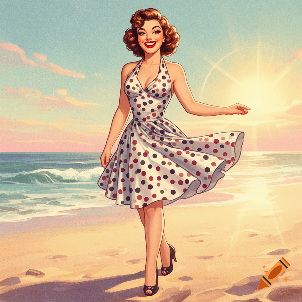 A smiling woman with curly brown hair in a white polka dot halter dress walks on a sandy beach under a sunny sky, in a retro pin-up art style.