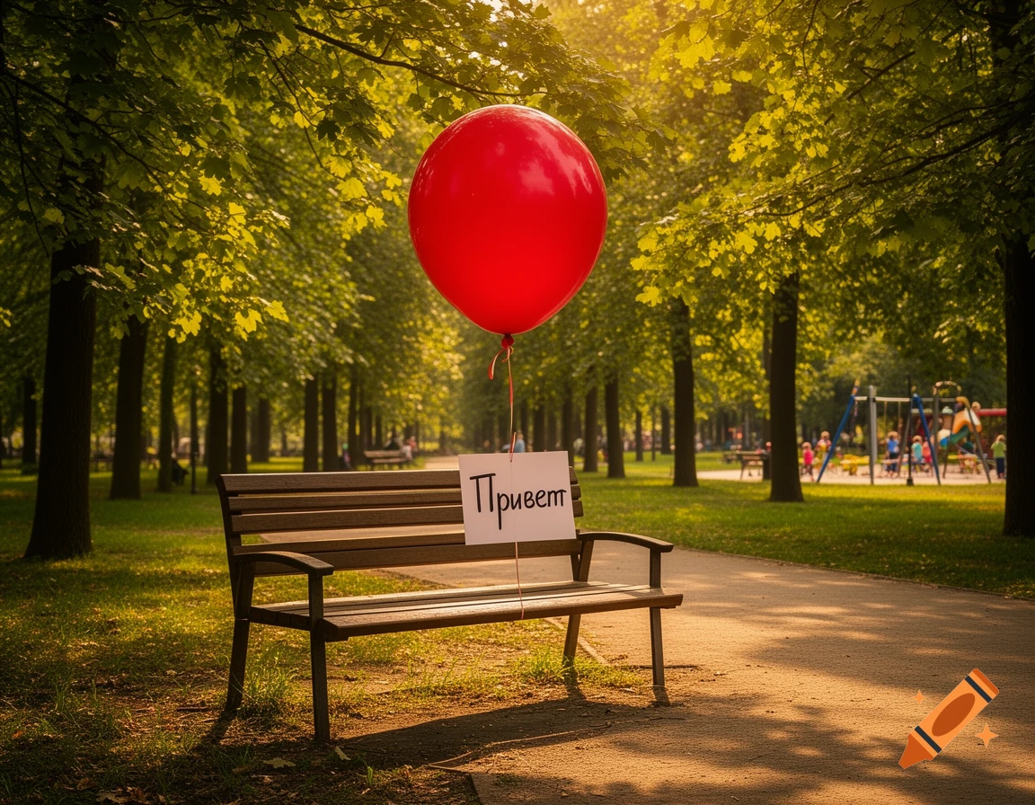 A vibrant red balloon with a 'Привет' sign floats above a wooden park bench on a sunny day in a tree-lined park with a distant playground.