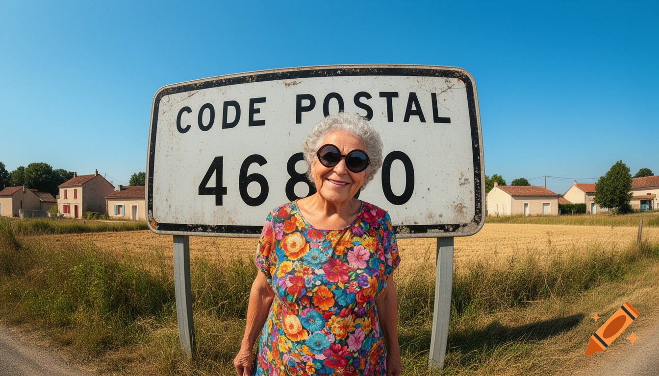 An elderly woman with white hair and sunglasses smiles in front of a 'CODE POSTAL 46800' sign in a rural setting.