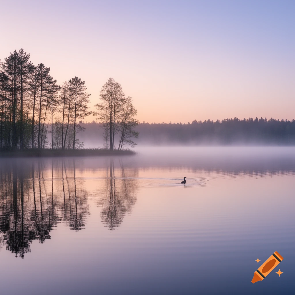A serene lake at dawn with mist over the water, reflections of trees ...