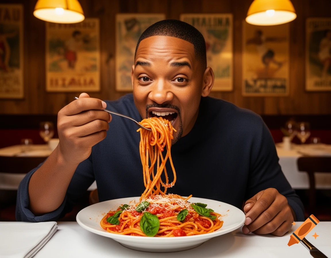 Will Smith enthusiastically slurps spaghetti from a fork in a warm, dimly lit Italian restaurant setting.