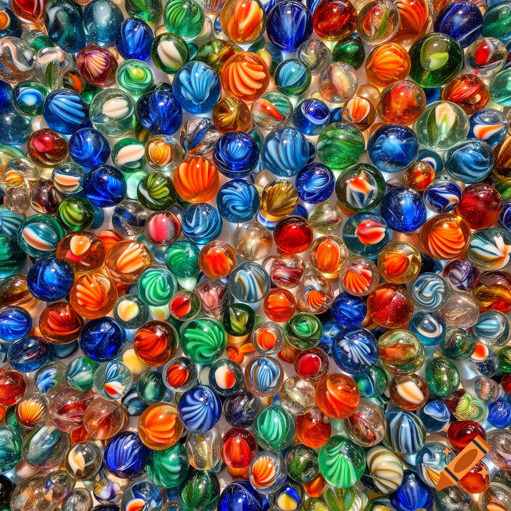 A vibrant close-up of numerous colorful glass marbles with various swirl, twisted, and petal-shaped patterns filling the frame.