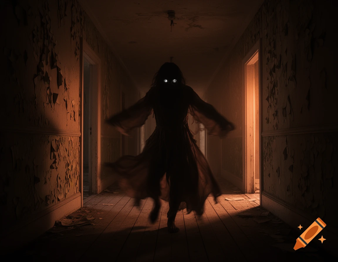 A shadowy, ghost-like figure with glowing white eyes stands in a dark, decaying hallway with peeling paint.