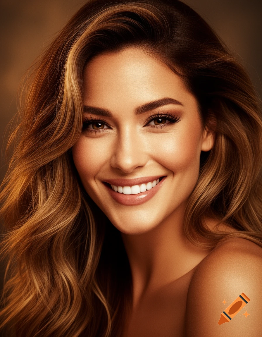 Close-up photorealistic portrait of a smiling woman with long wavy brown hair and makeup, looking at the viewer.