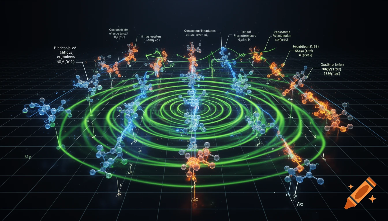 A scientific visualization showing molecular structures in a circular pattern around concentric green energy rings on a dark grid background.