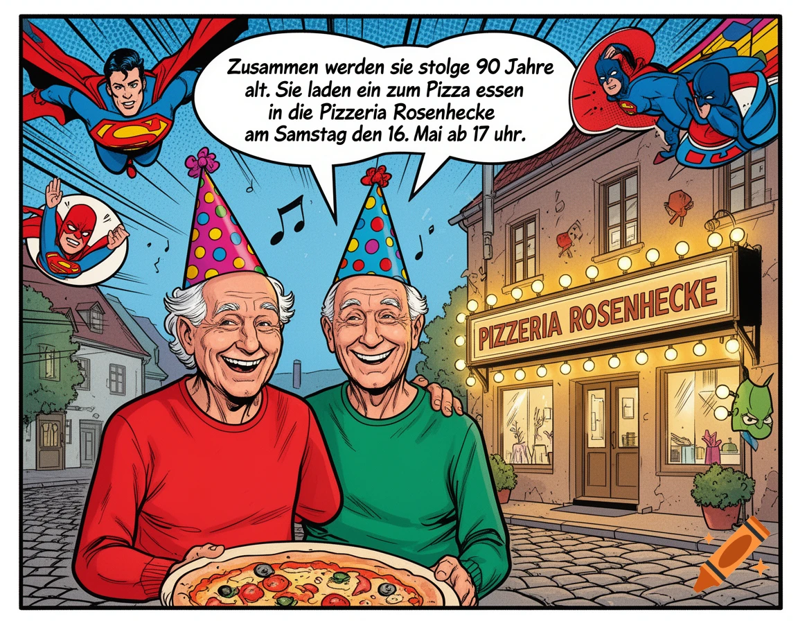 Two elderly men in party hats holding a pizza, smiling in front of a pizzeria. Cartoon-style superheroes fly above, with a speech bubble text.