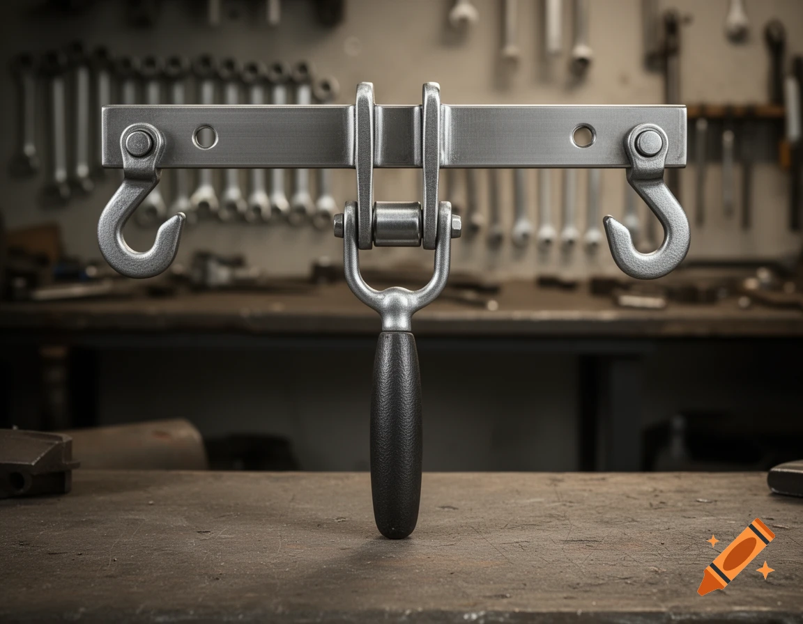A photorealistic image of a metal tool with two hooks and a black handle, resting on a wooden workbench in a dimly lit workshop.