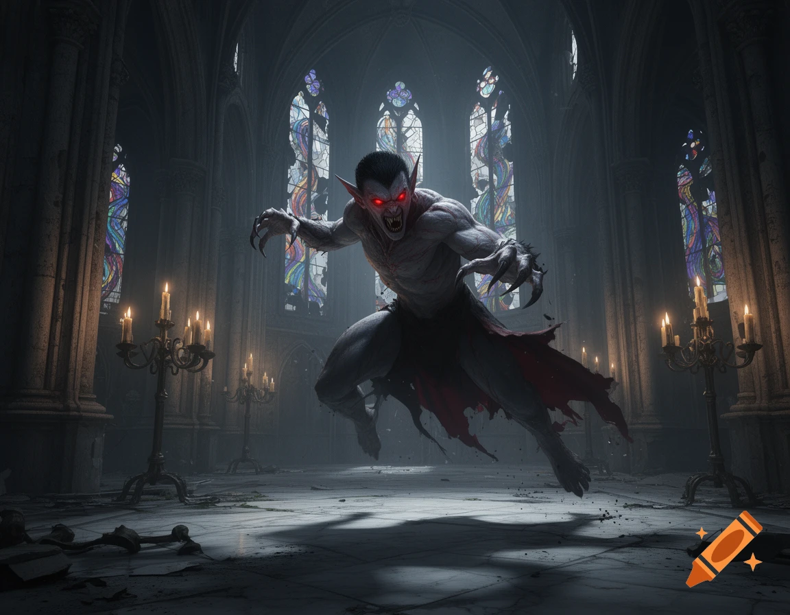 A photorealistic vampire with glowing red eyes, sharp fangs, and long claws lunges in a dark, gothic cathedral.