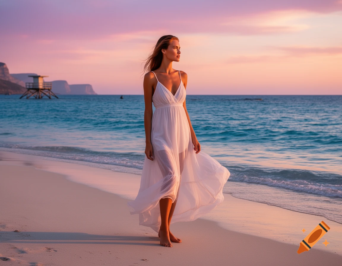 Photorealistic image of a woman in a white dress walking on a sandy beach at sunset, with a lifeguard tower in the background.