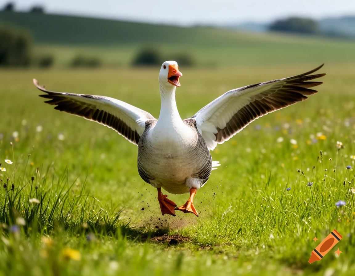 A white and gray goose with its wings spread wide runs through a vibrant green field, mouth open in mid-stride.