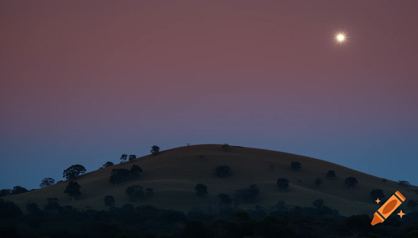 A twilight landscape featuring a dark hill with scattered trees against a gradient sky of purple and blue, with a bright starburst in the upper right.