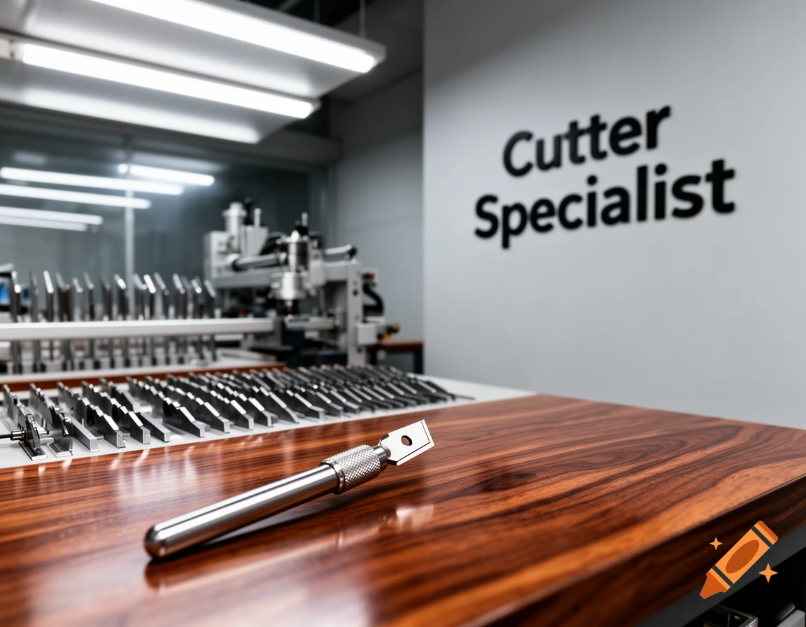 A photorealistic image of a shiny metal cutting tool on a glossy wooden workbench, with 'Cutter Specialist' on a wall in the background.