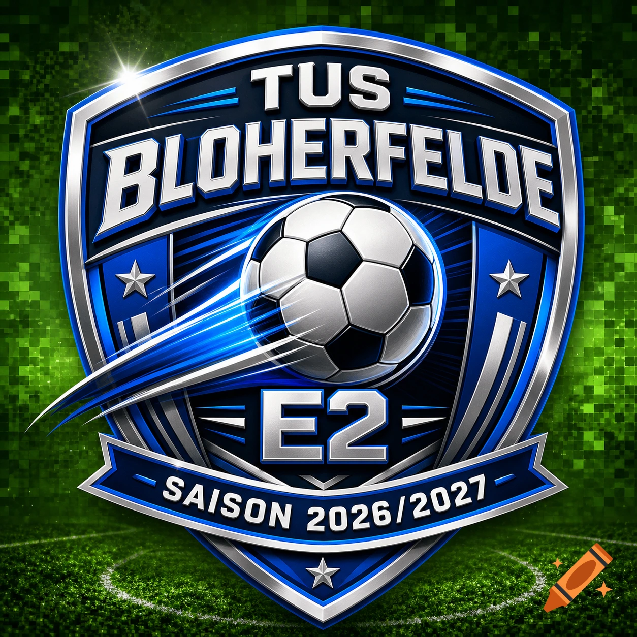 A blue and silver soccer shield logo with a stylized soccer ball, text 'TUS BLOHERFELDE E2 SAISON 2026/2027' on a green pixelated field.
